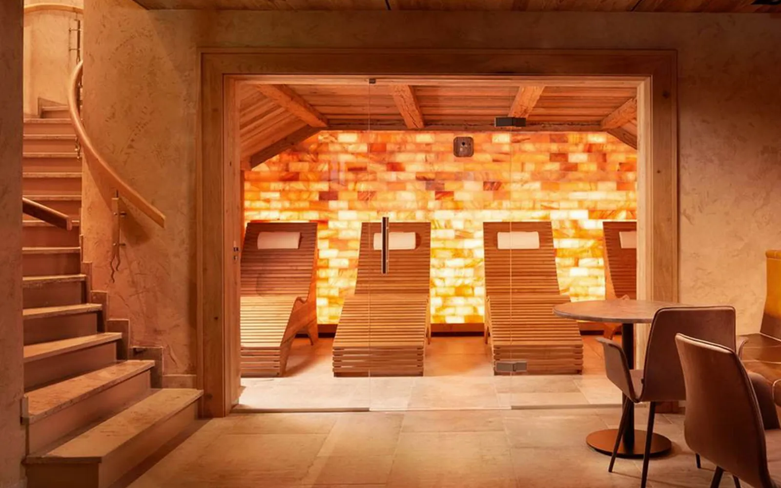 Illuminated salt wall in a spa
